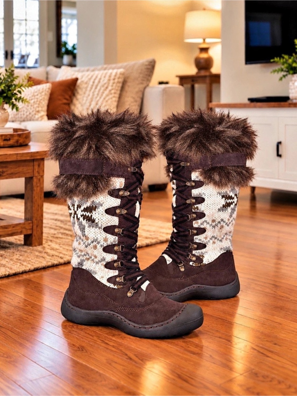 Muk Luks 7 Faux Fur Winter Boots Brown & White